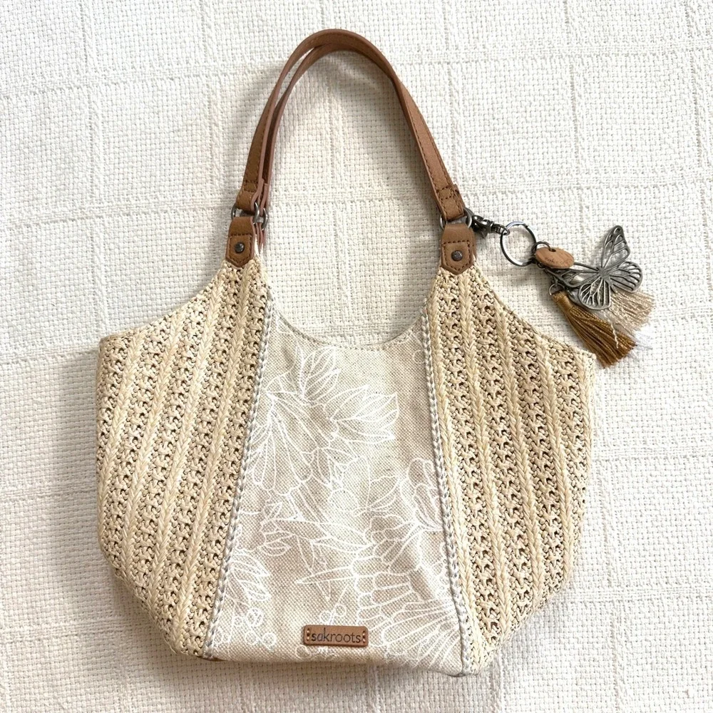 Sakroots Roma Straw Canvas Floral Boho Shoulder Bag Butterfly Charm Tan Medium